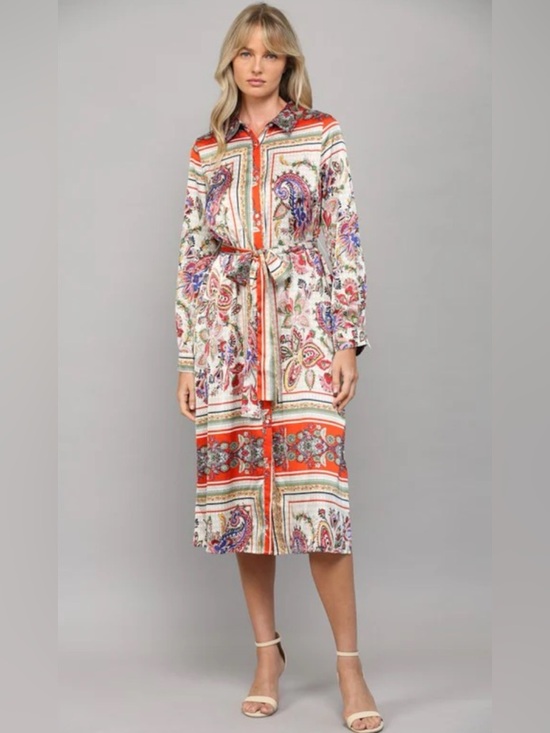 NWT Cream Paisley Print Button-Front Shirt Dress with tie belt 🌺🌹🌸  BB - Picture 8 of 9